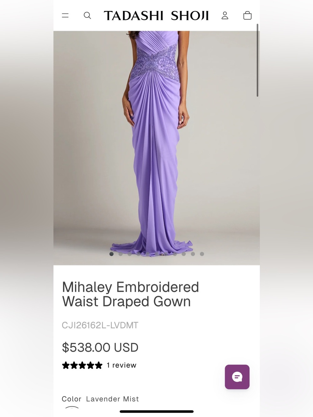 Tadashi Shoji Mihaley Lavender Mist Embroidered Waist Drape Maxi Gown Dress $538 - Picture 7 of 11